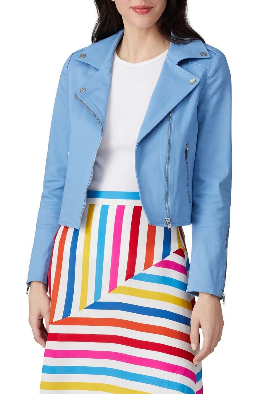 Color Me Courtney Dennis Moto Biker Jacket Canvas Cropped Twill Blue Women Sz 10